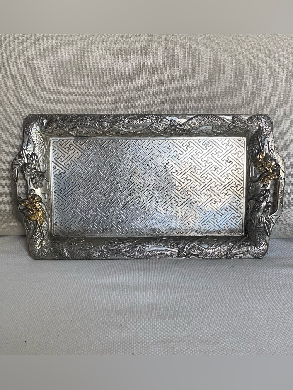 VTG Dragon Vanity Tray 9" Handles Ornate Asian Embossed Silver Plated Metalware